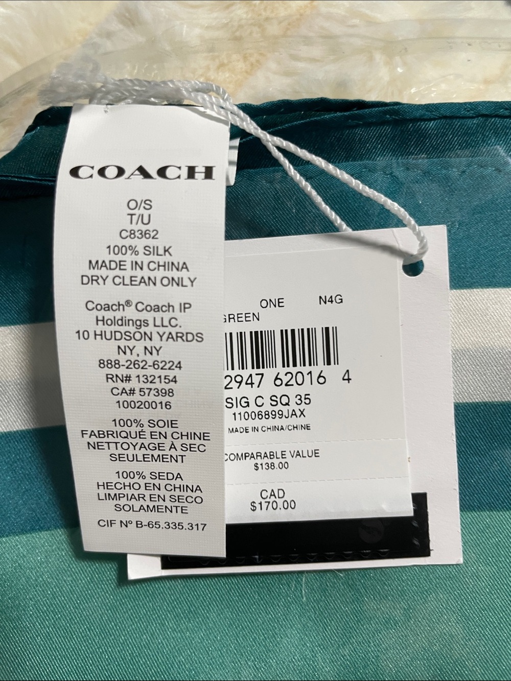 NWT Coach Teal and White Signature 100% Silk Scarf - Picture 5 of 5